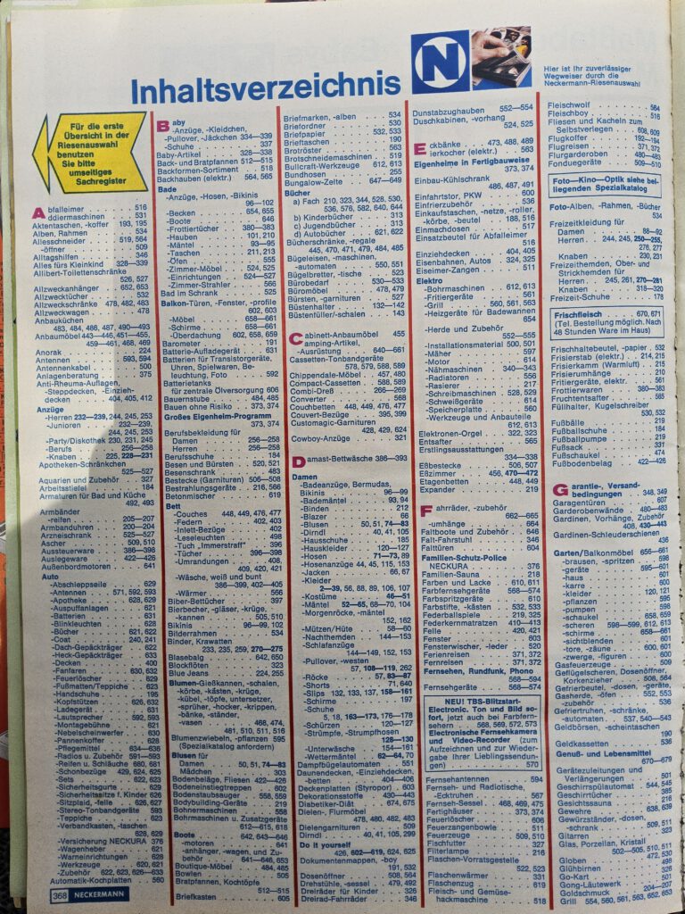 Inhaltsverzeichnis Neckermann Katalog 1972 A-G, Versandhandel in den frühen 70er Jahren
