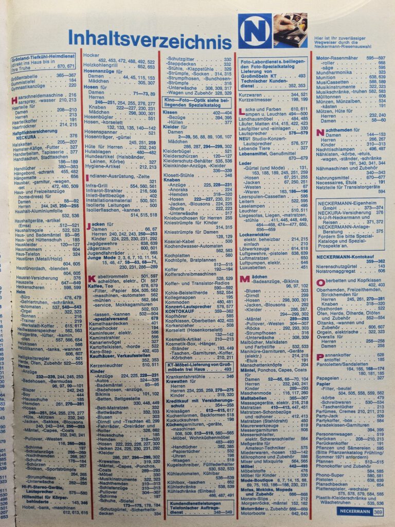 Inhaltsverzeichnis Neckermann Katalog 1972 H-P, Versandhandel in den früheren 70er Jahren