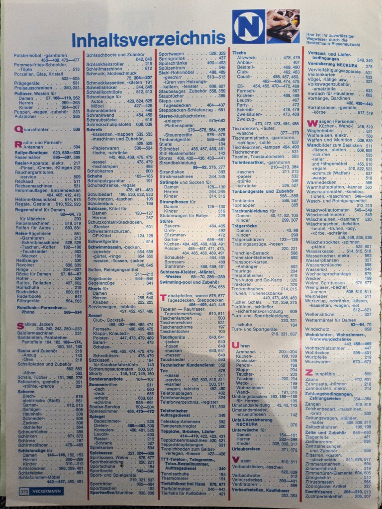 Inhaltsverzeichnis Neckermann Katalog 1972 Q-Z, Versandhandel in den früheren 70er Jahren