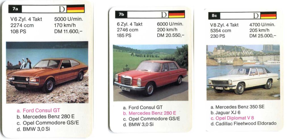 Quartett-3-Bilder-Ford-Consul-GT-MB-280E-Opel-Diplomat-V8
